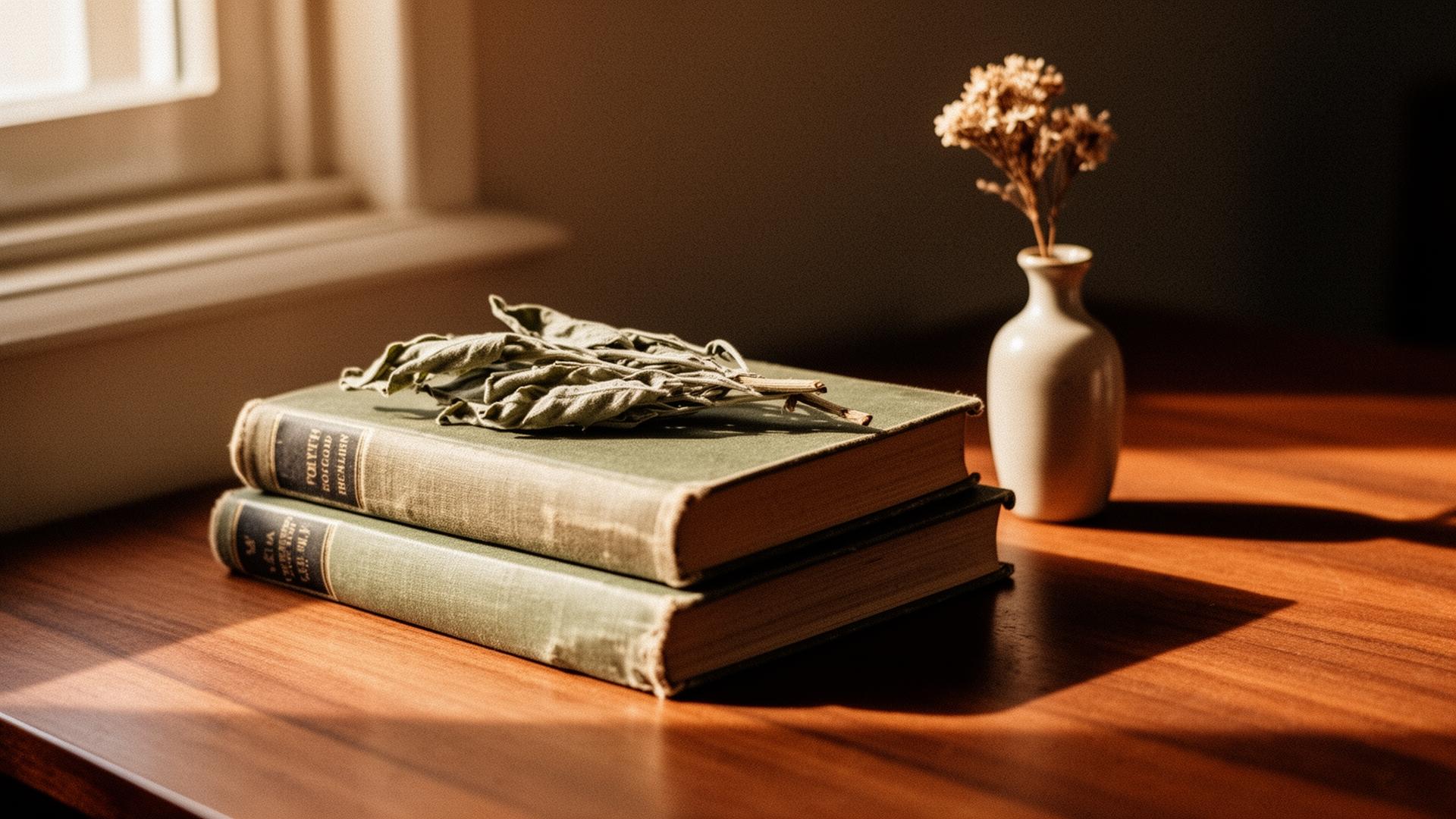 A small stack of well-loved hardcover books with a sprig of dried sage and a single bud vase, lit by warm side window light.