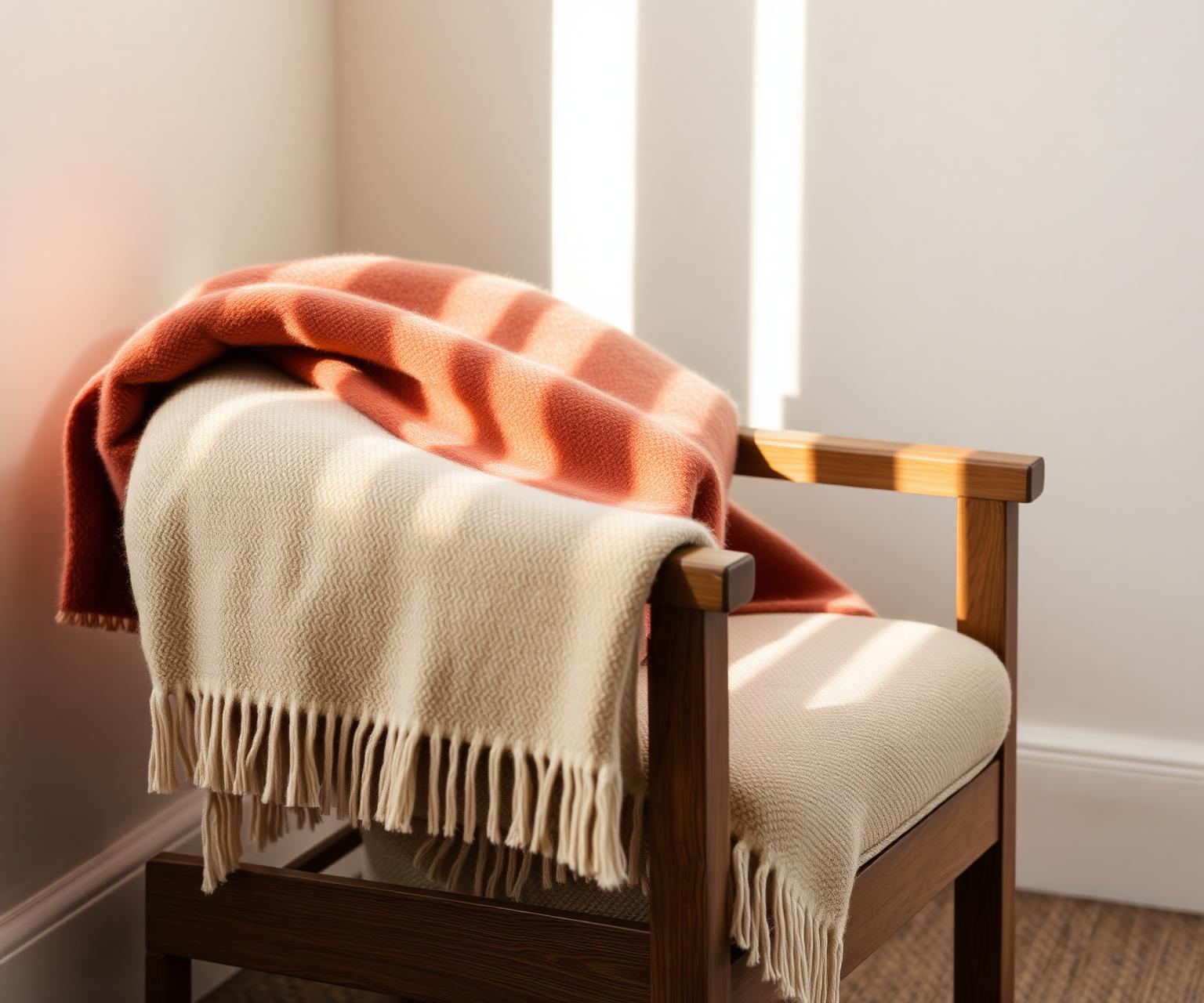 A folded cream and terracotta wool throw blanket draped over the arm of a worn oak chair, lit by warm late-afternoon sunlight.