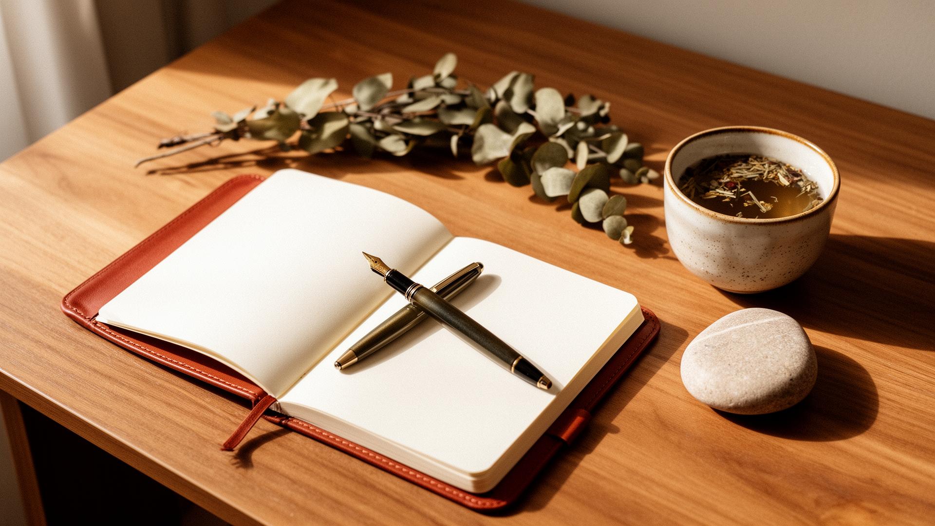 A warm, minimal still life — tea, notebook, and soft window light