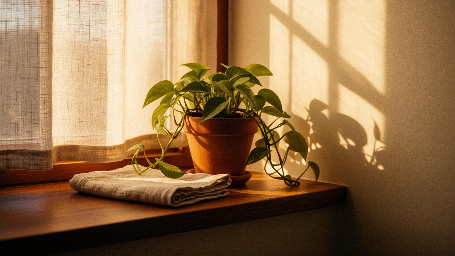 A sunlit windowsill with a small terracotta pot of pothos and a folded linen napkin — soft afternoon light through sheer curtains.