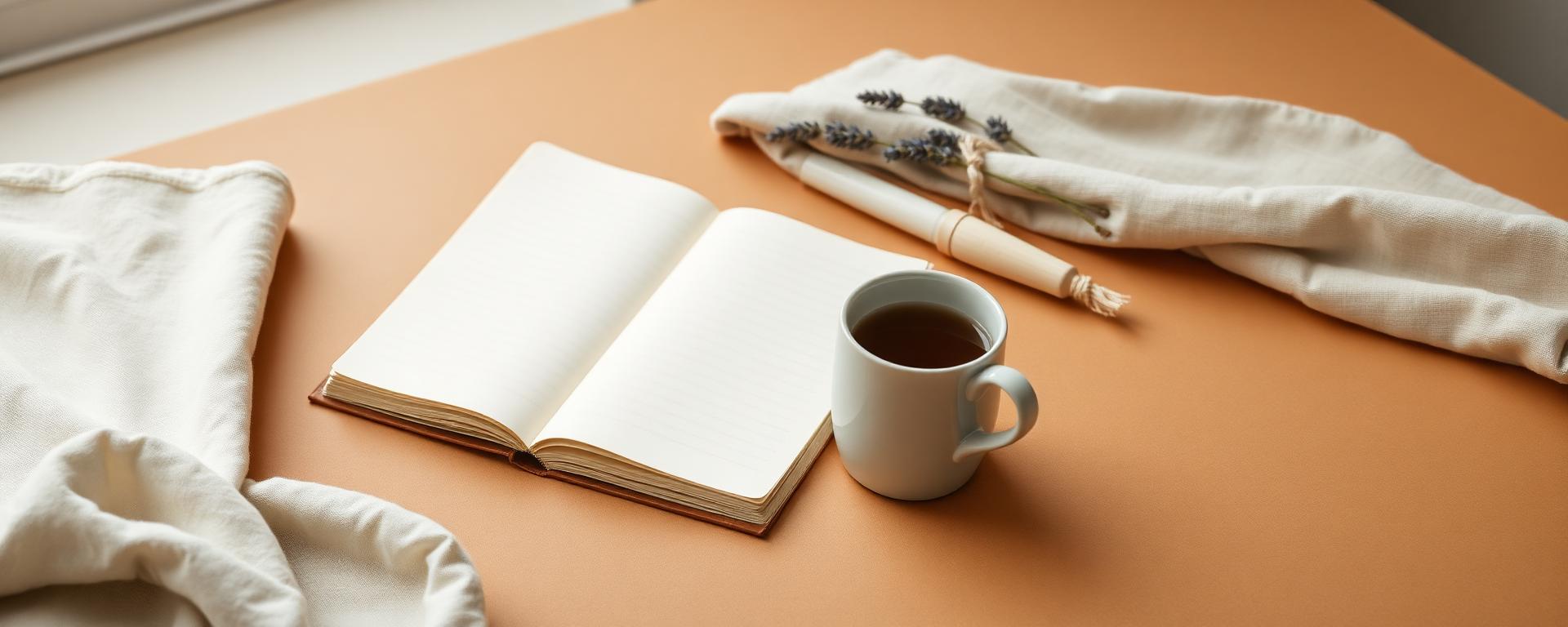 An open notebook, a ceramic mug of tea, and a sprig of dried lavender on a warm sand-colored desk.