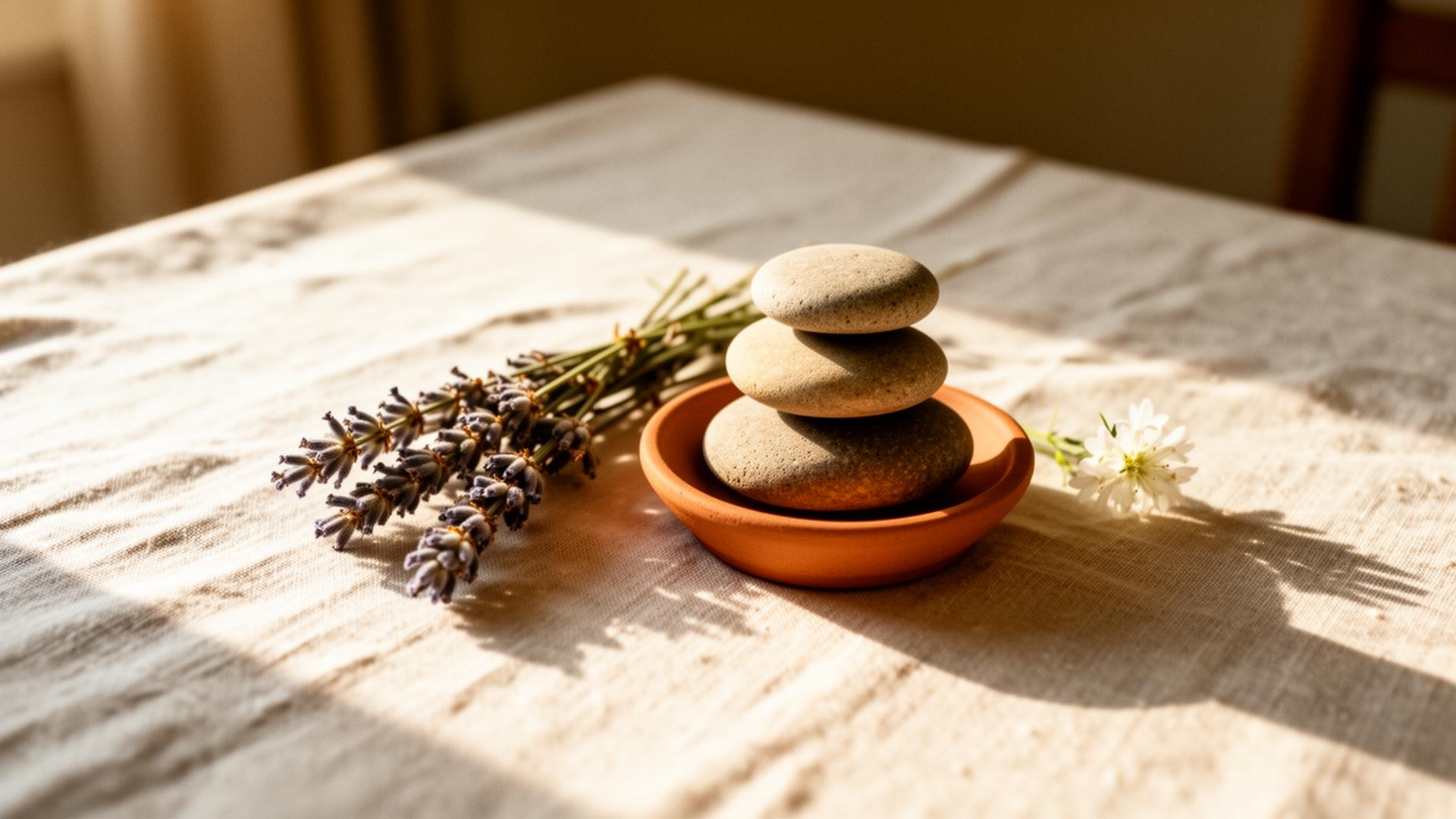 A small terracotta dish holding stacked river stones beside dried lavender on warm linen — a still, balanced moment.