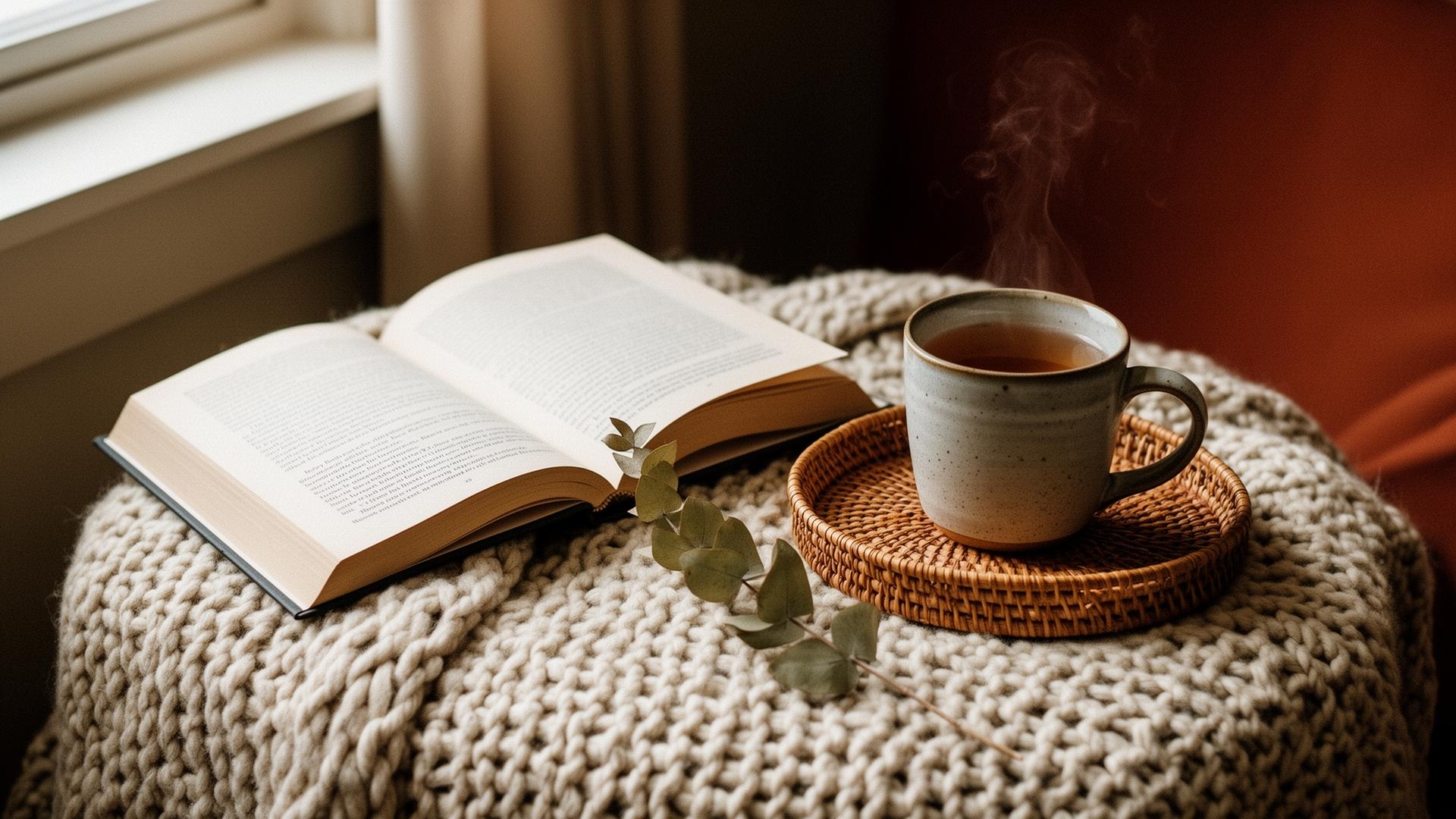 An open book and a steaming mug on a chunky knit blanket beside a sunlit window
