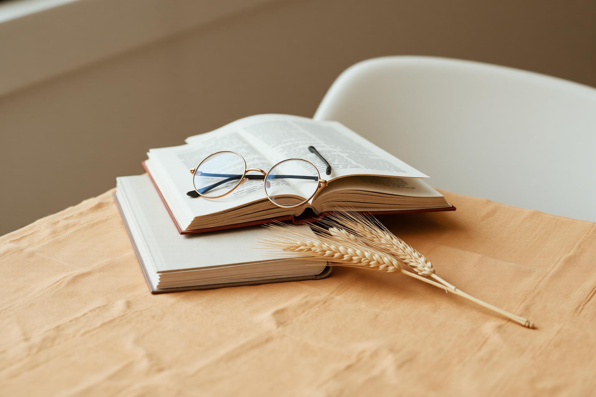 Round wire-rimmed reading glasses resting on an open hardcover book beside a single dried wheat stem on warm sand-colored linen.