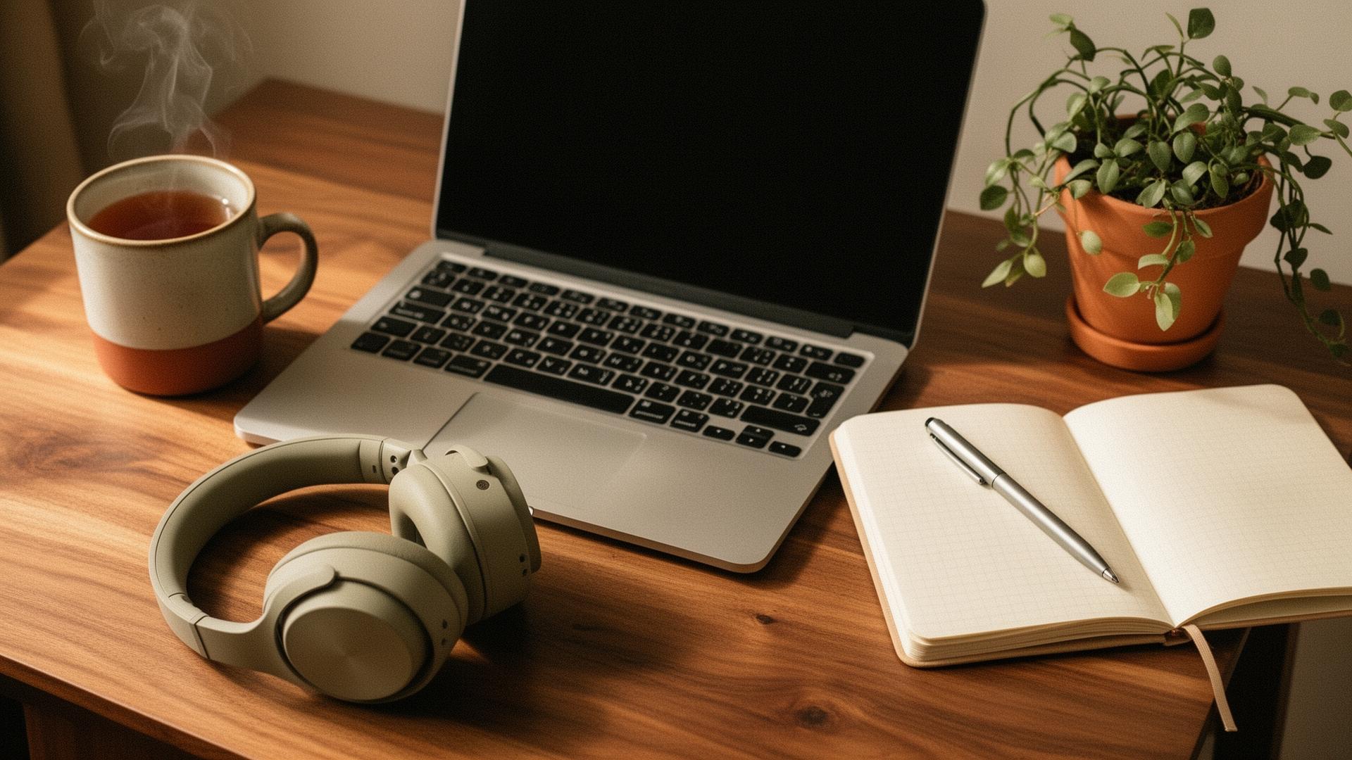 A warm home setup for a video therapy session — laptop, ceramic mug of tea, headphones, and an open notebook on an oak desk.
